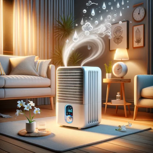 An illustrative image showing a modern, portable dehumidifier in a cozy living room setting. The dehumidifier is actively working, pulling damp air in.